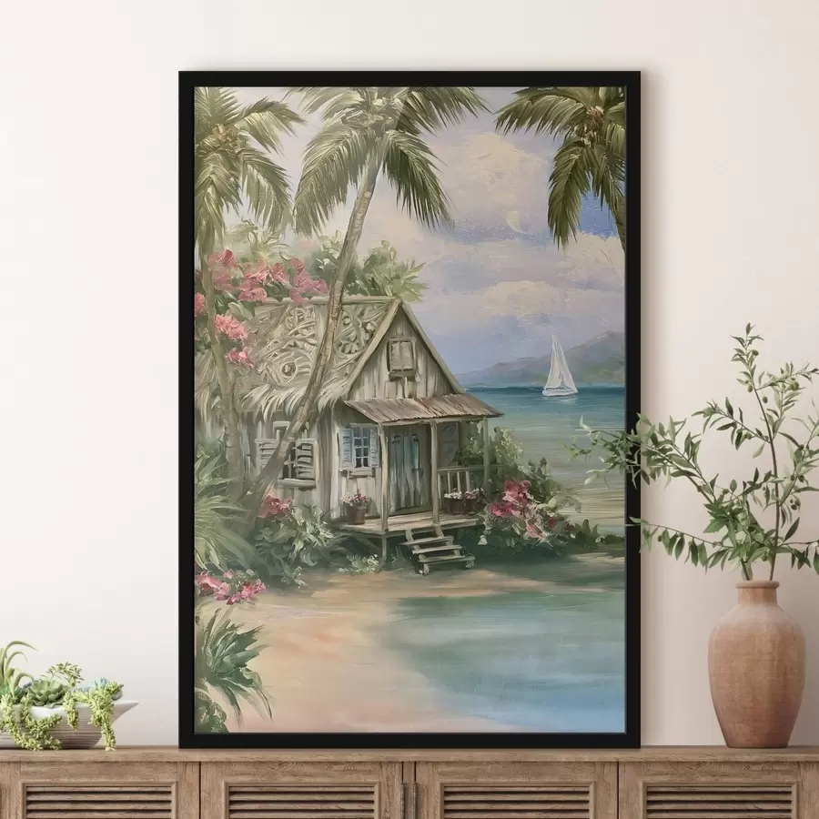 Fototapete Ein kleines Häuschen am Meer, im Stil eines Ölgemäldes gemalt f49936