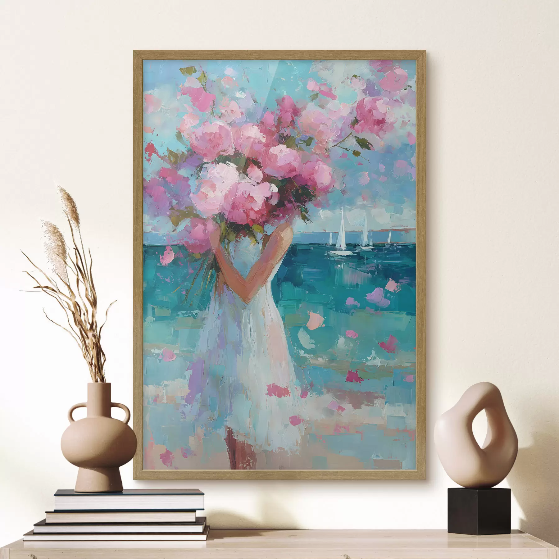 Fototapete Ein Mädchen mit Pfingstrosen vor einer Meereslandschaft, gemalt im Impasto-Stil f49937