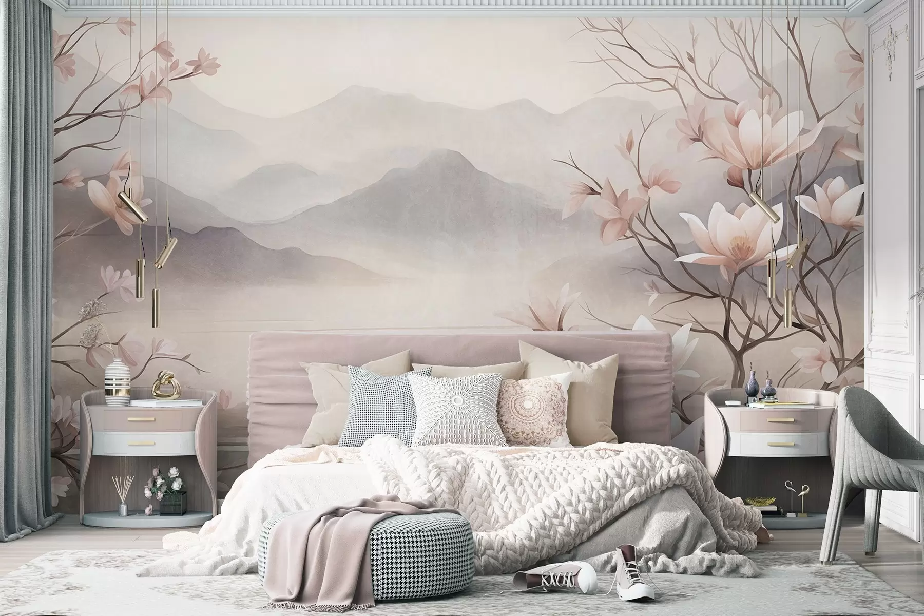 Fototapete Berge und blühende rosa Magnolienzweige, strukturierte Landschaft w10013
