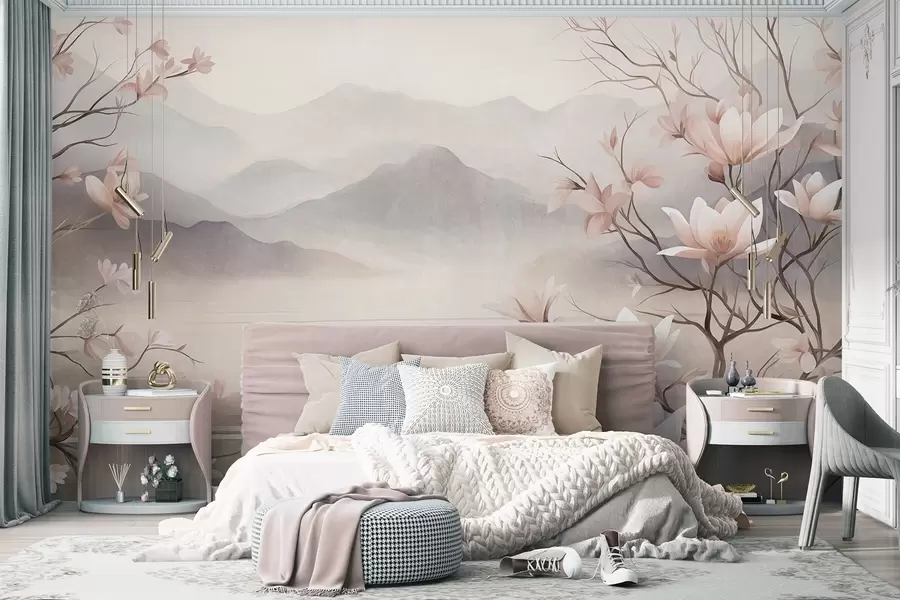 Fototapete Berge und blühende rosa Magnolienzweige, strukturierte Landschaft w10013