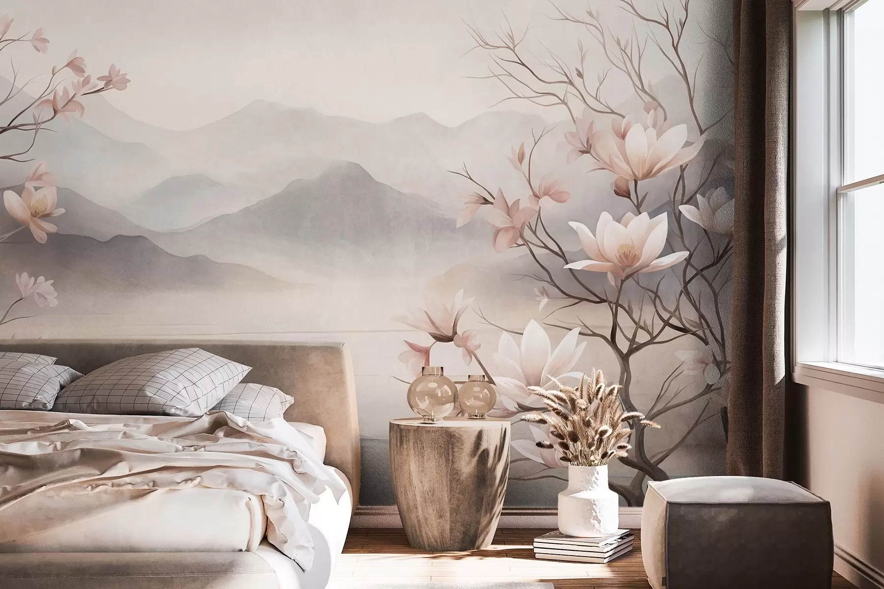 Fototapete Berge und blühende rosa Magnolienzweige, strukturierte Landschaft w10013