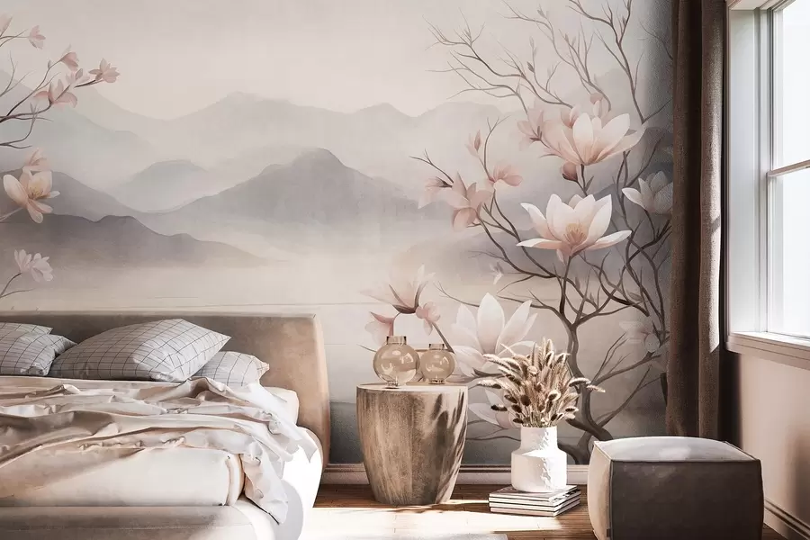Fototapete Berge und blühende rosa Magnolienzweige, strukturierte Landschaft w10013