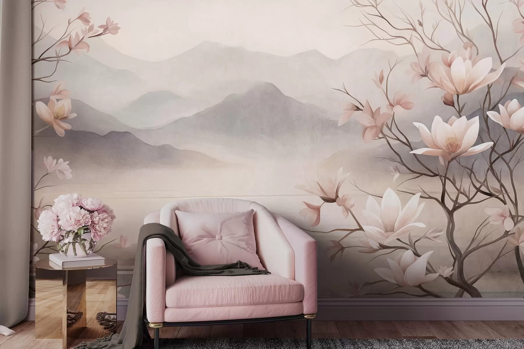Fototapete Berge und blühende rosa Magnolienzweige, strukturierte Landschaft w10013