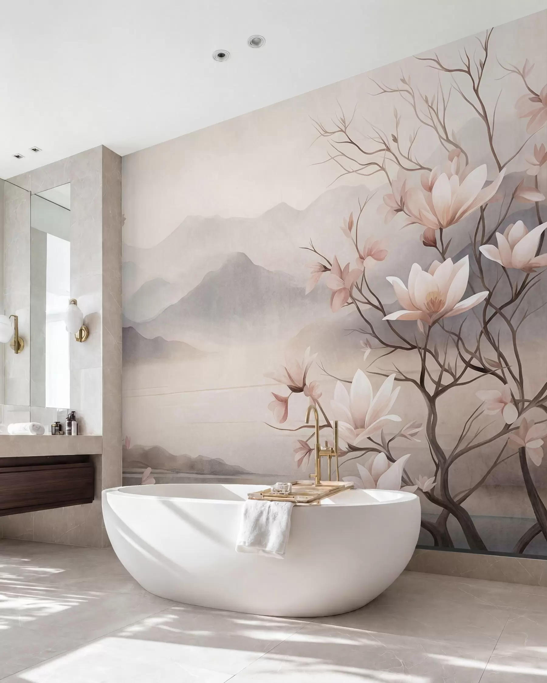 Fototapete Berge und blühende rosa Magnolienzweige, strukturierte Landschaft w10013