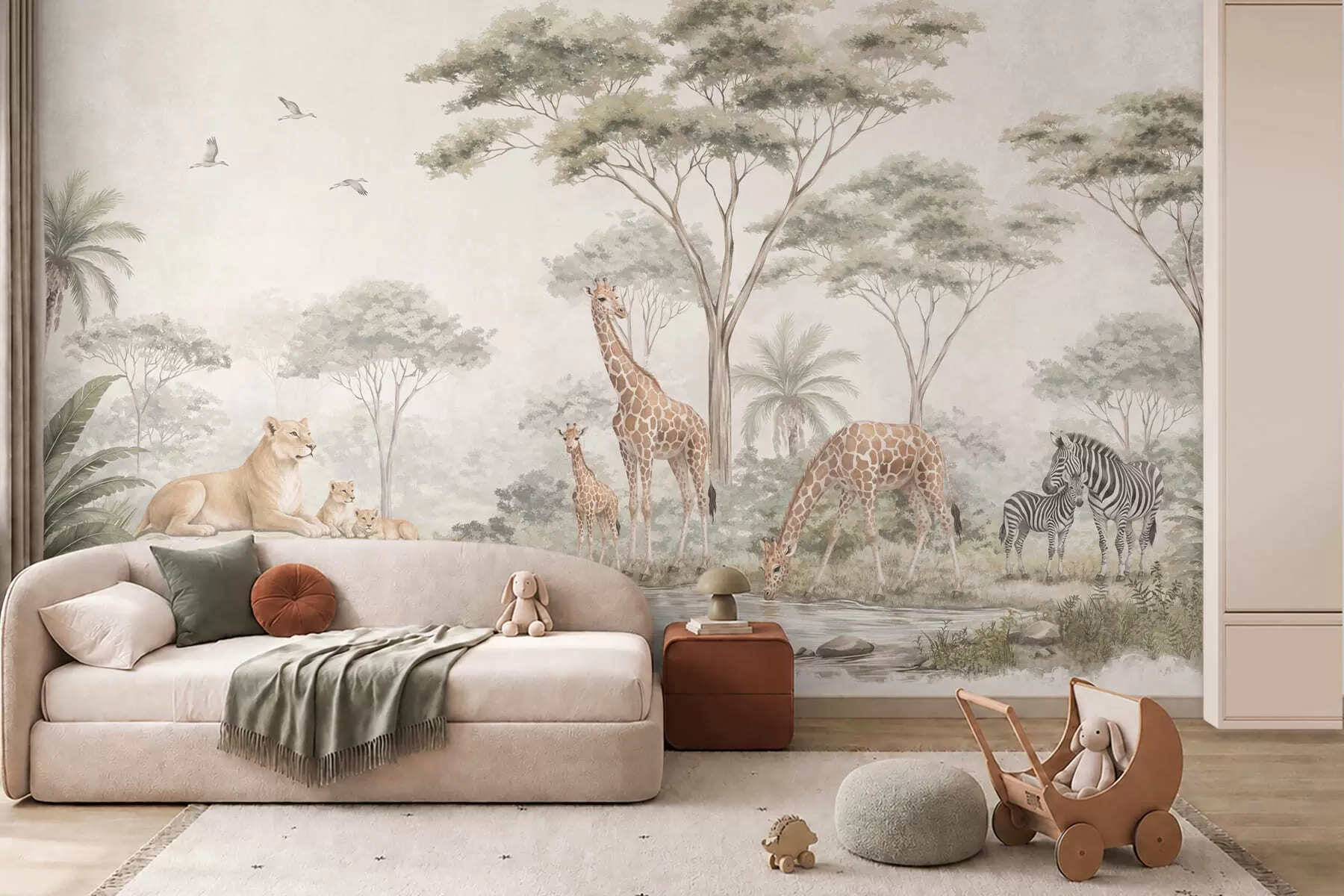 Fototapete Safari mit Giraffen, Löwen, Zebras und tropischen Bäumen w05804