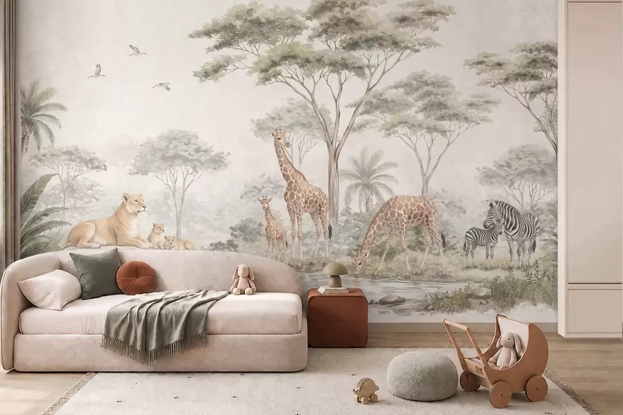 Fototapete Safari mit Giraffen, Löwen, Zebras und tropischen Bäumen w05804