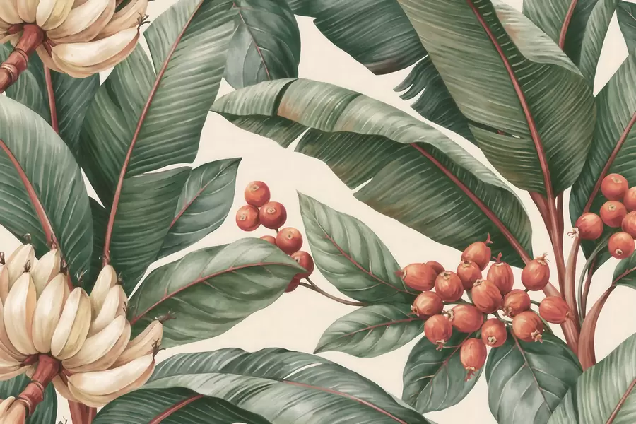 Fototapete Tropische Bananenblätter mit Trauben roter Kaffeekirschen, im Aquarellstil w09997
