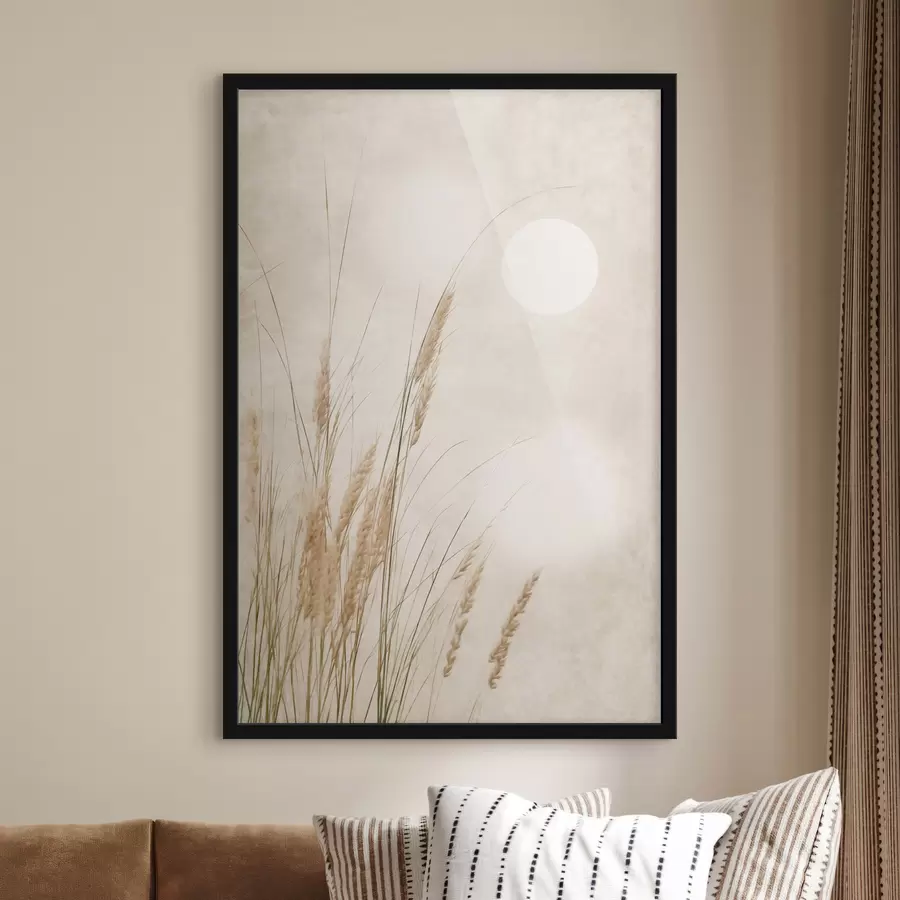 Fototapete Hohe, trockene Grashalme, unscharfer, strukturierter Hintergrund, Vollmond am hellen Himmel f50202