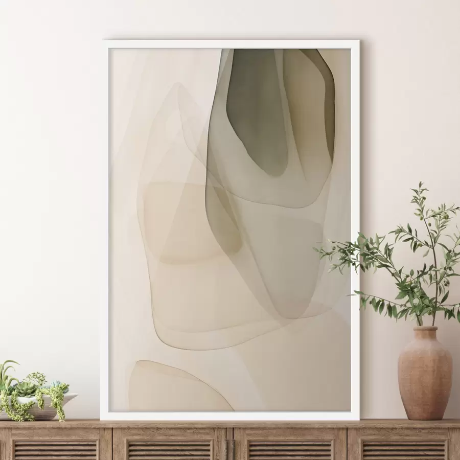 Fototapete Abstrakte, fließende, durchscheinende Formen in gedeckten Beige-, Creme- und Olivgrüntönen f50204