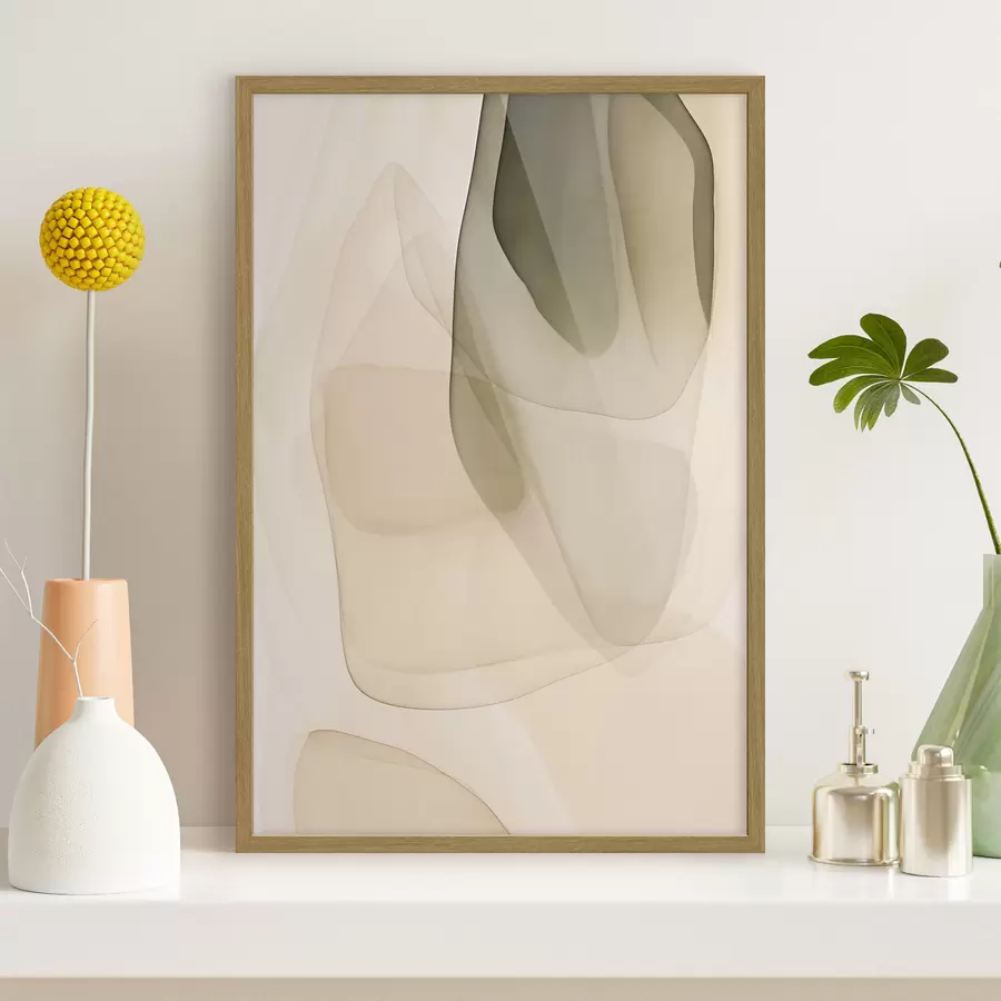 Fototapete Abstrakte, fließende, durchscheinende Formen in gedeckten Beige-, Creme- und Olivgrüntönen f50204