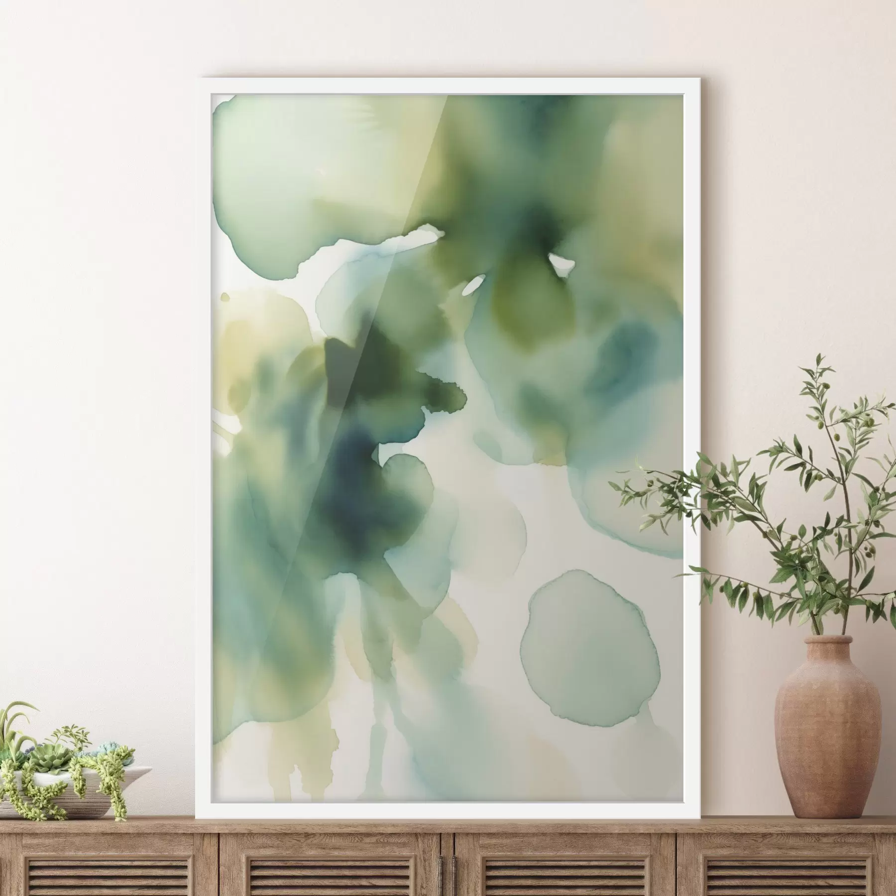 Fototapete Abstrakter Aquarellstil mit fließenden Formen in Grüntönen f50206