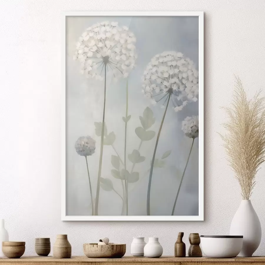 Fototapete Weiße Löwenzahnblüten mit grünen Blättern vor einem zartblauen und weißen Hintergrund f50212