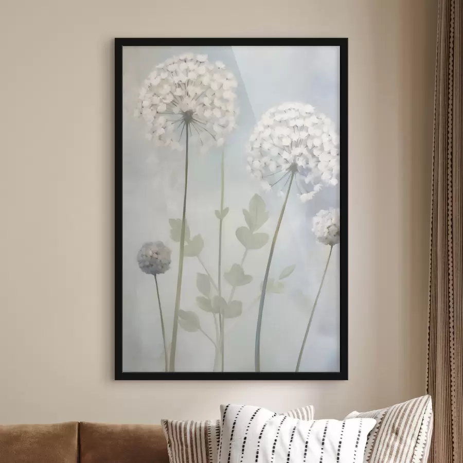 Fototapete Weiße Löwenzahnblüten mit grünen Blättern vor einem zartblauen und weißen Hintergrund f50212