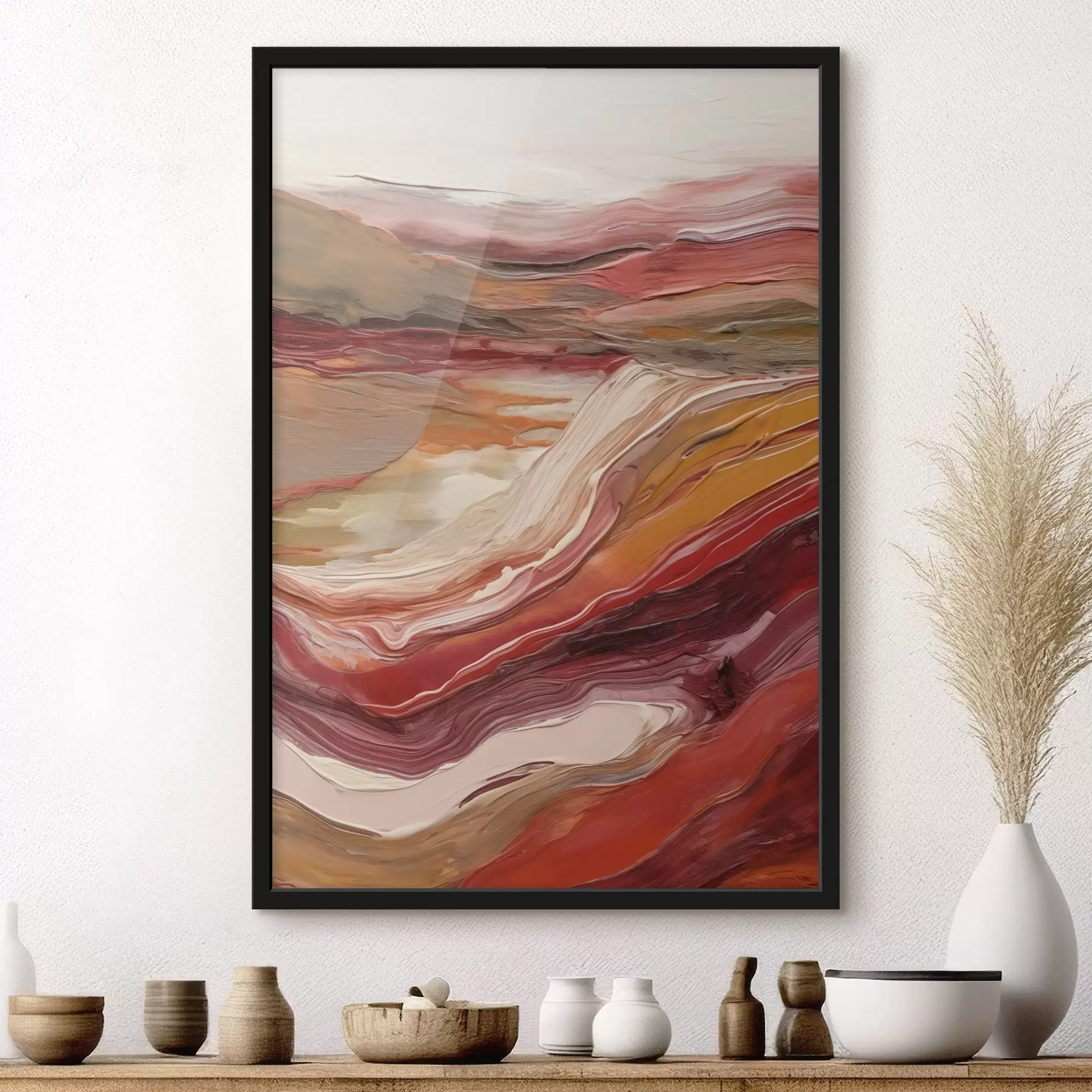 Fototapete Abstrakte Landschaft mit strukturierten Farbschichten in Rot, Orange und Beige f50216