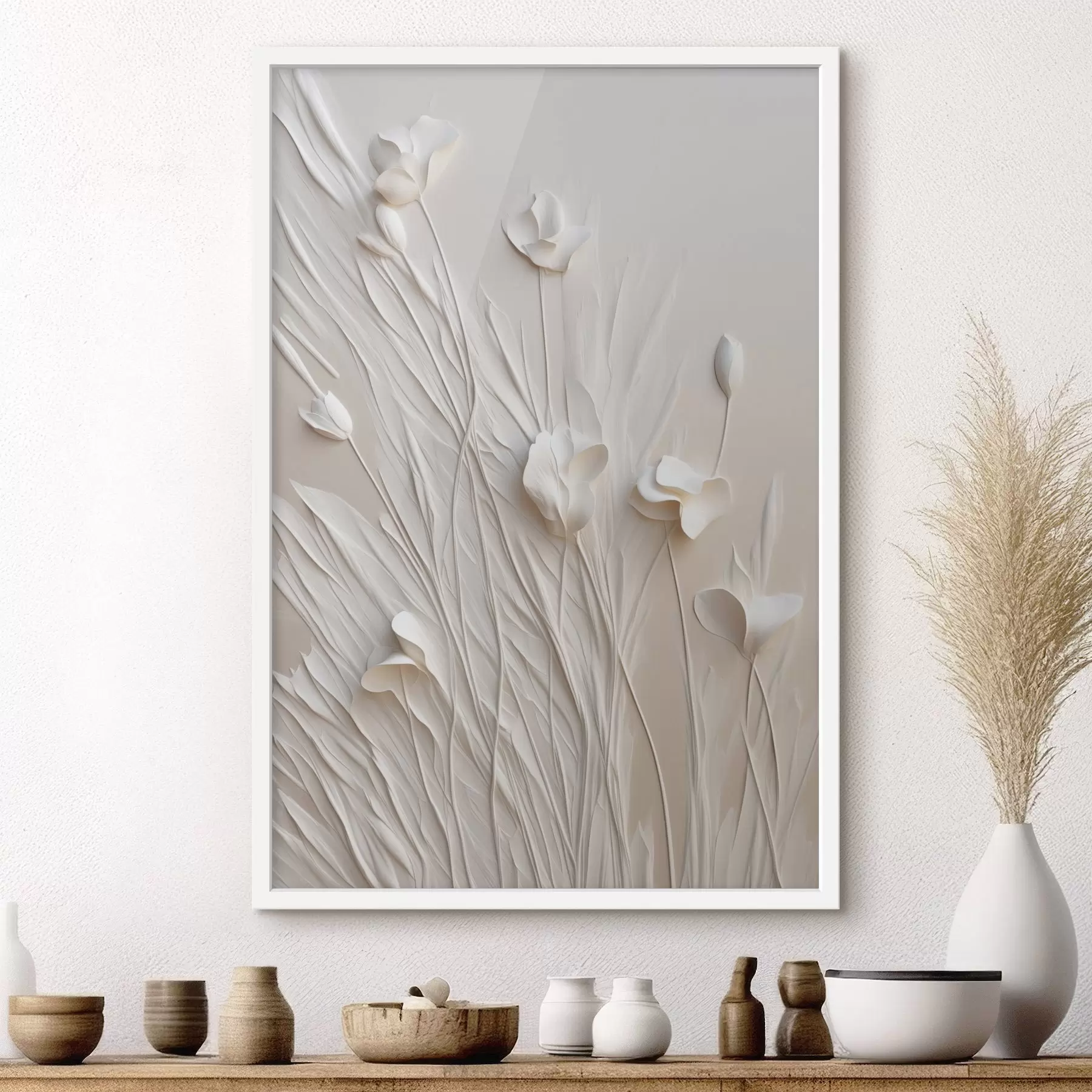 Fototapete Weiße Blumen und Gras vor einem hellen pfirsichfarbenen Hintergrund, minimalistische Kunst f50226