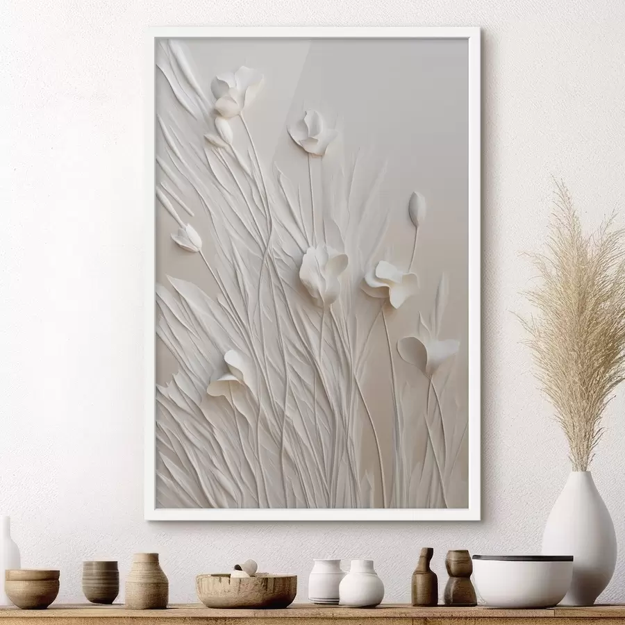 Fototapete Weiße Blumen und Gras vor einem hellen pfirsichfarbenen Hintergrund, minimalistische Kunst f50226