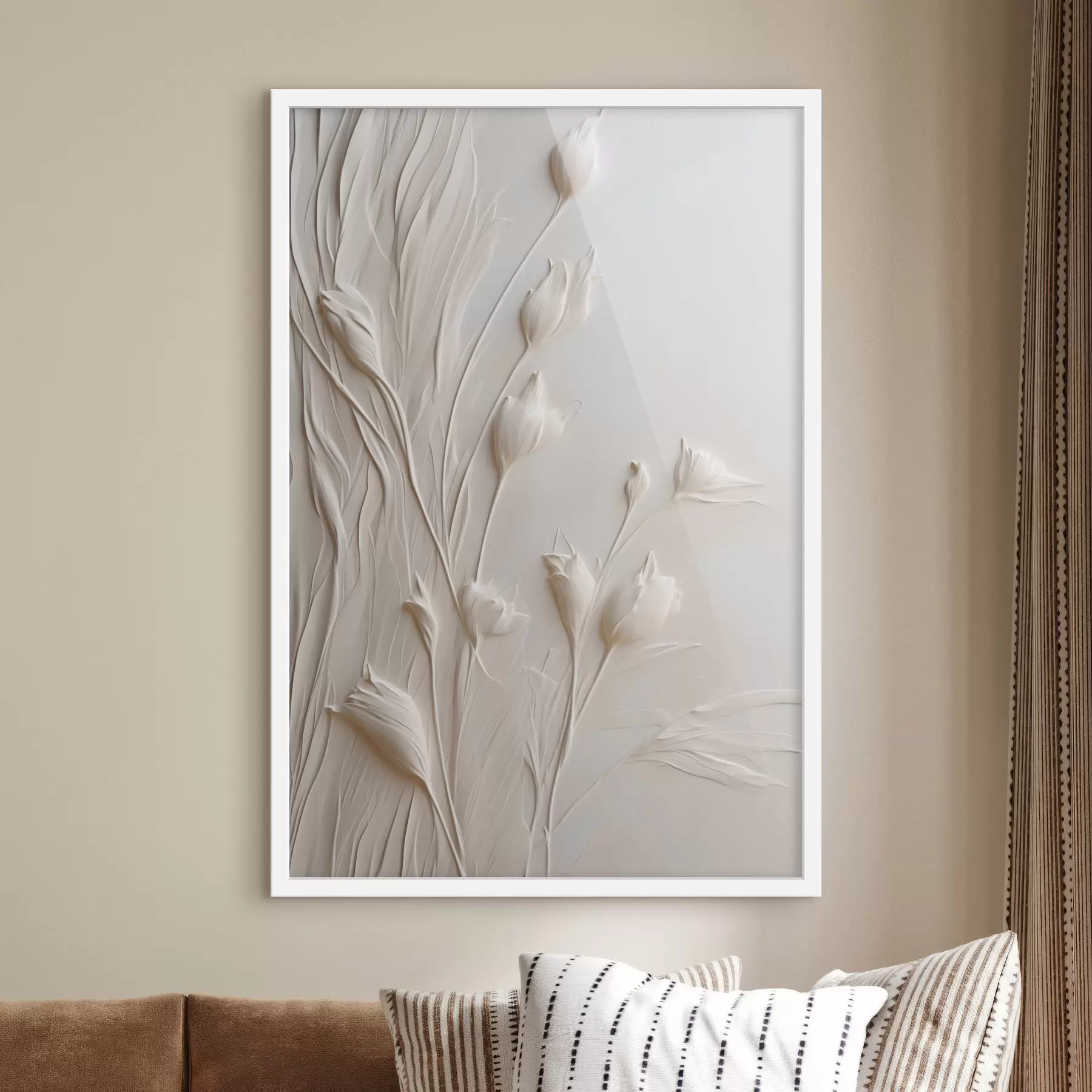 Fototapete Weiße Blumen und Gras vor einem hellen pfirsichfarbenen Hintergrund, minimalistische Kunst f50227
