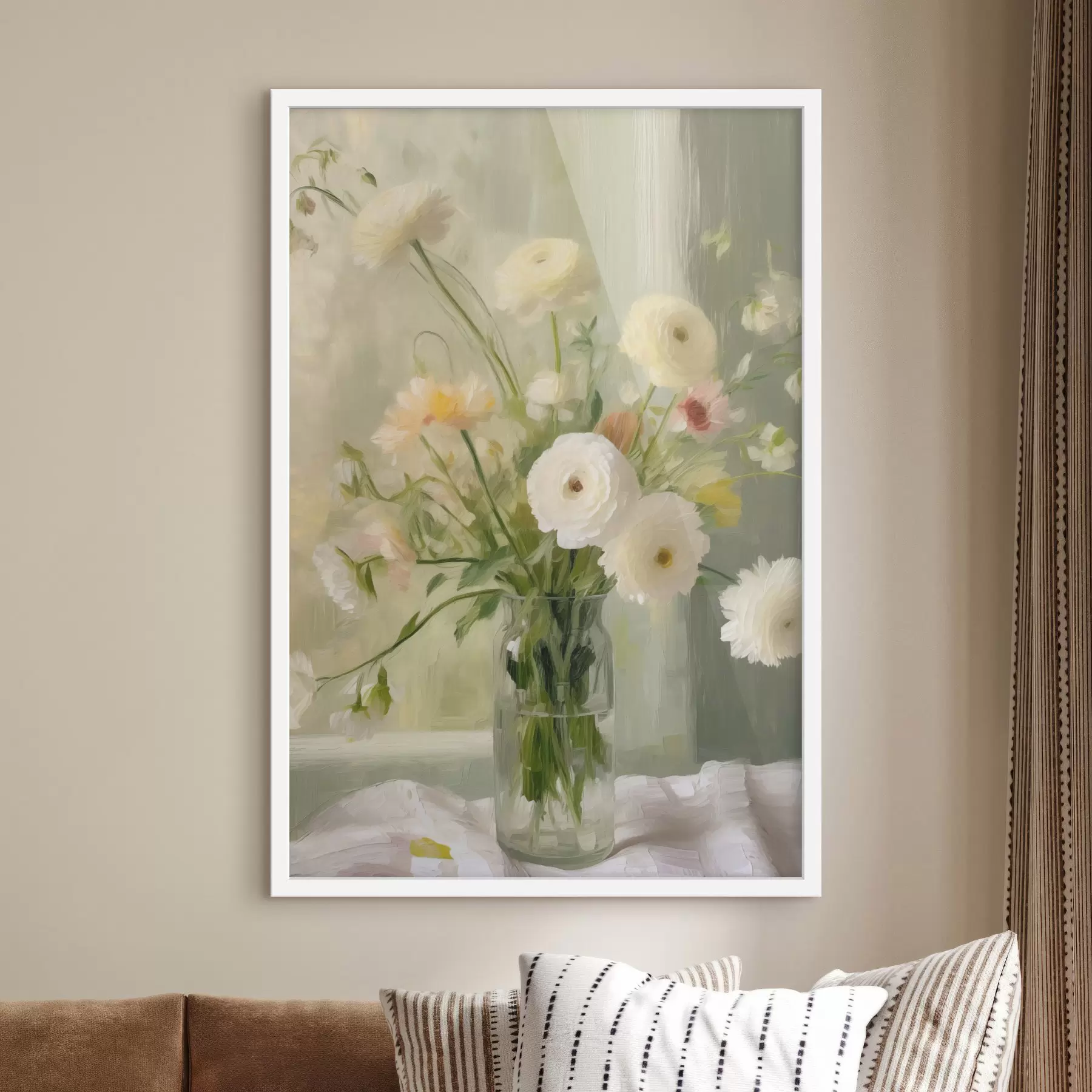Fototapete Ein Strauß aus weißen und rosa Blumen in einer Glasvase, im Hintergrund ein Fenster f50228