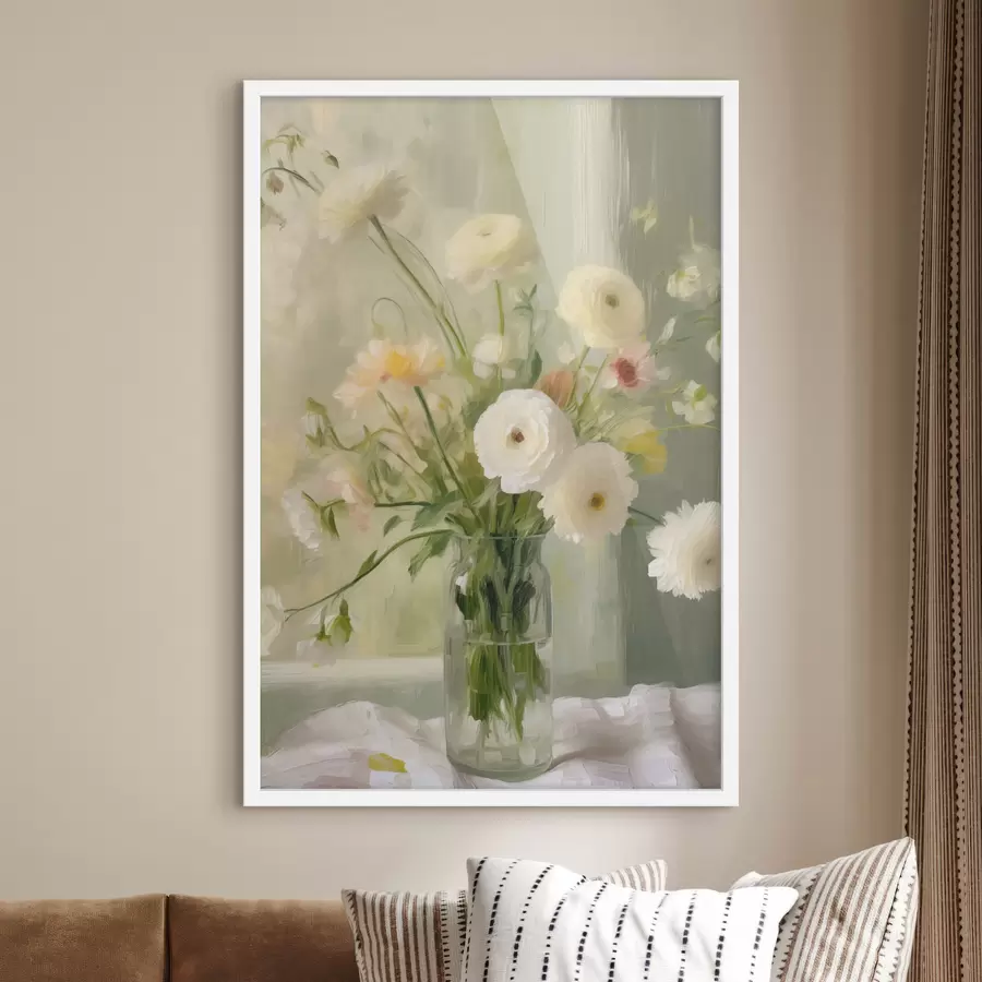 Fototapete Ein Strauß aus weißen und rosa Blumen in einer Glasvase, im Hintergrund ein Fenster f50228