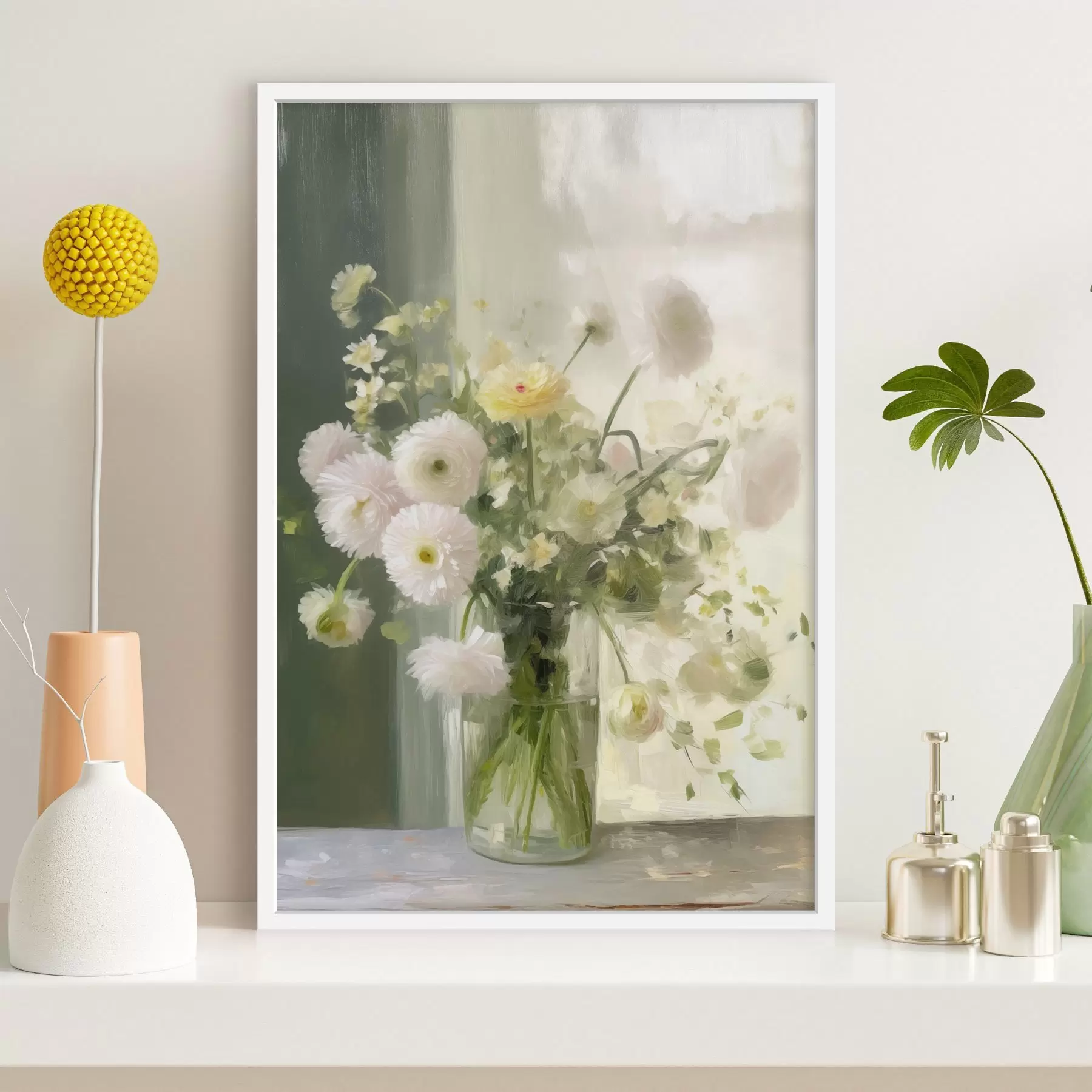 Fototapete Ein Strauß aus weißen und rosa Blumen in einer Glasvase, im Hintergrund ein Fenster f50229