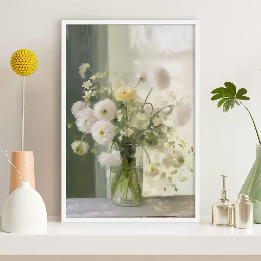 Fototapete Ein Strauß aus weißen und rosa Blumen in einer Glasvase, im Hintergrund ein Fenster f50229