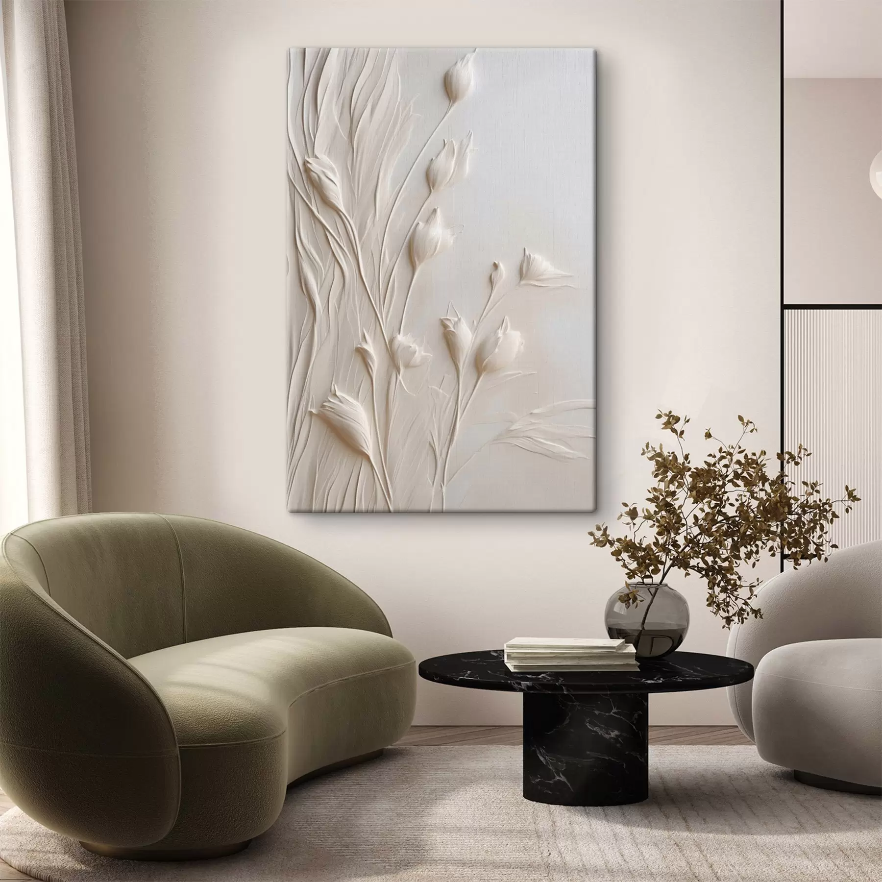 Fototapete Weiße Blumen und Gras vor einem hellen pfirsichfarbenen Hintergrund, minimalistische Kunst s50227