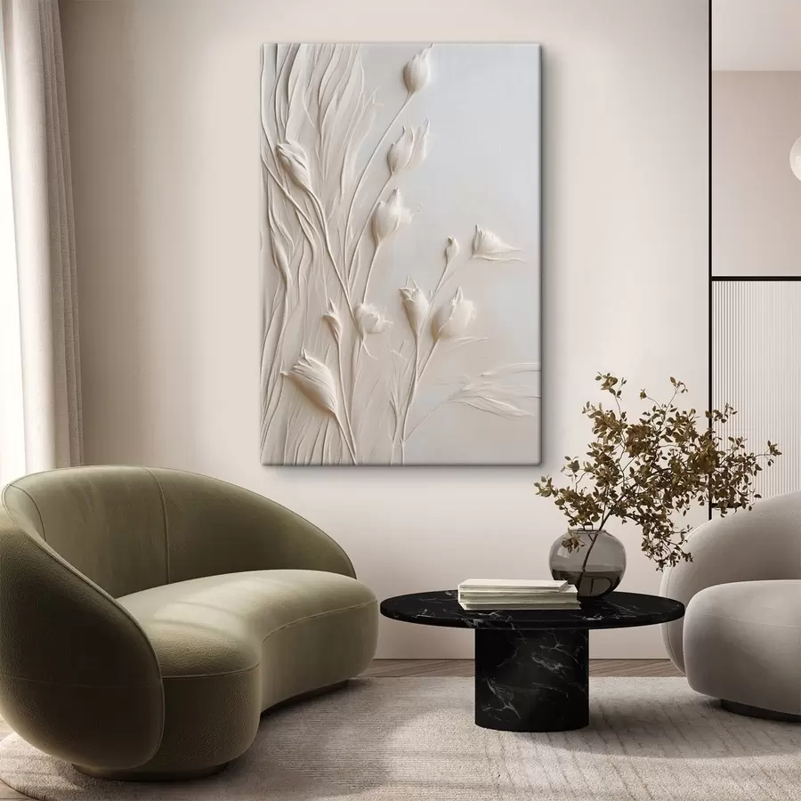 Fototapete Weiße Blumen und Gras vor einem hellen pfirsichfarbenen Hintergrund, minimalistische Kunst s50227