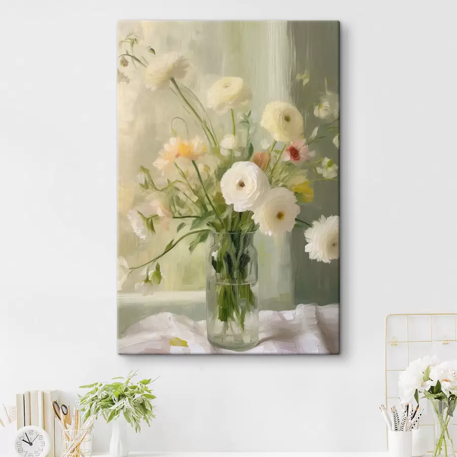 Fototapete Ein Strauß aus weißen und rosa Blumen in einer Glasvase, im Hintergrund ein Fenster s50228