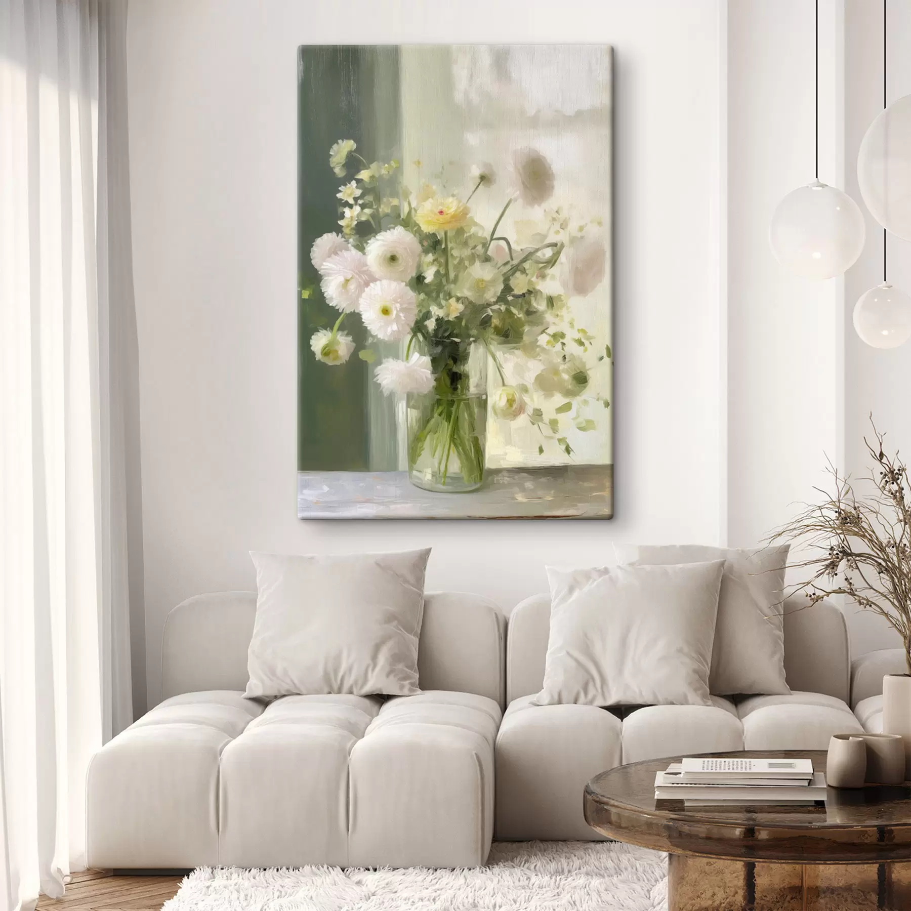 Fototapete Ein Strauß aus weißen und rosa Blumen in einer Glasvase, im Hintergrund ein Fenster s50229