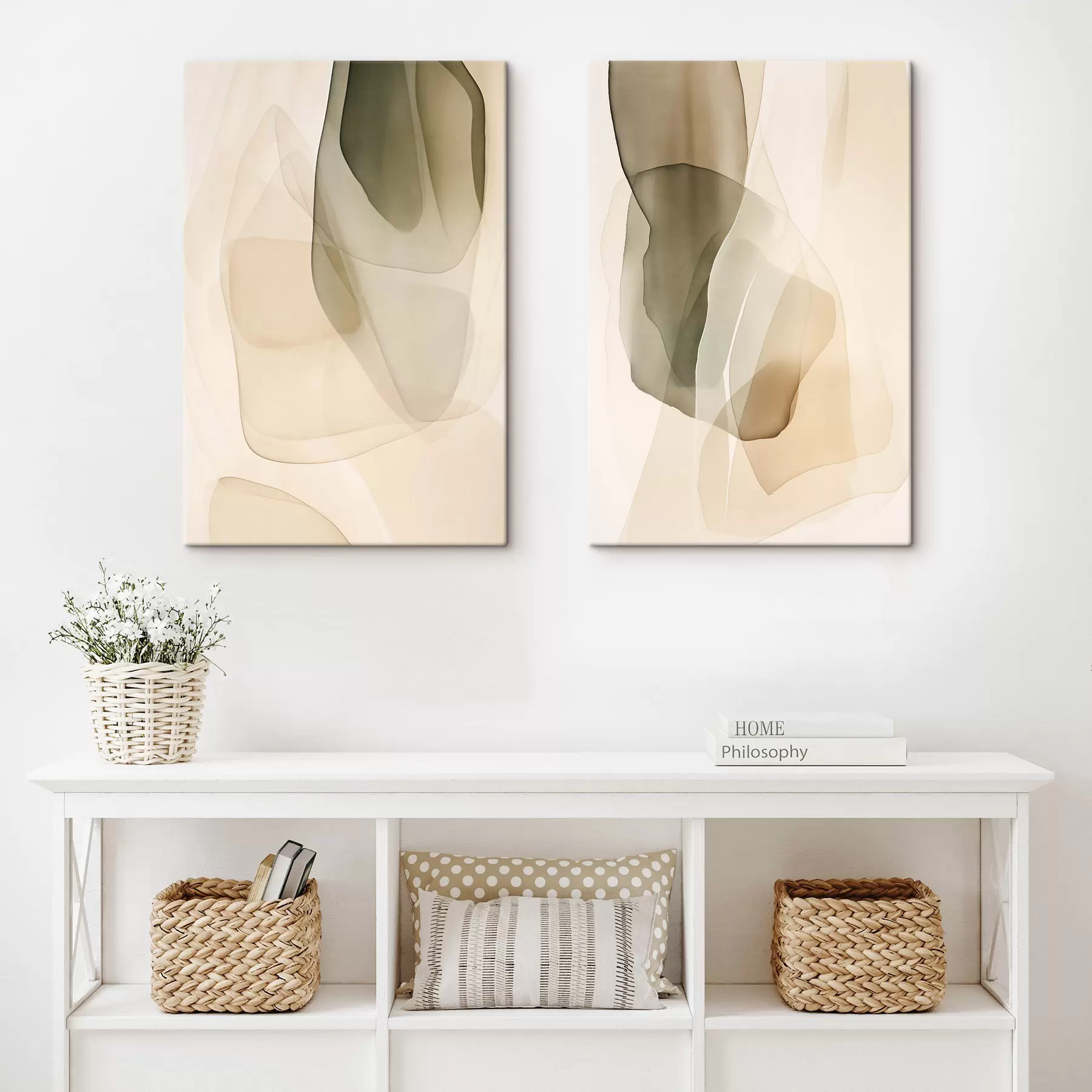 Fototapete Abstrakte, fließende, durchscheinende Formen in gedeckten Beige-, Creme- und Olivgrüntönen m30835
