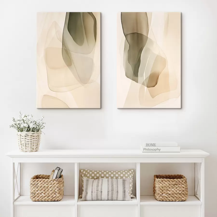 Fototapete Abstrakte, fließende, durchscheinende Formen in gedeckten Beige-, Creme- und Olivgrüntönen m30835