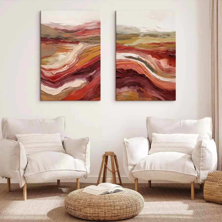Fototapete Abstrakte Landschaft mit strukturierten Farbschichten in Rot, Orange und Beige m30841