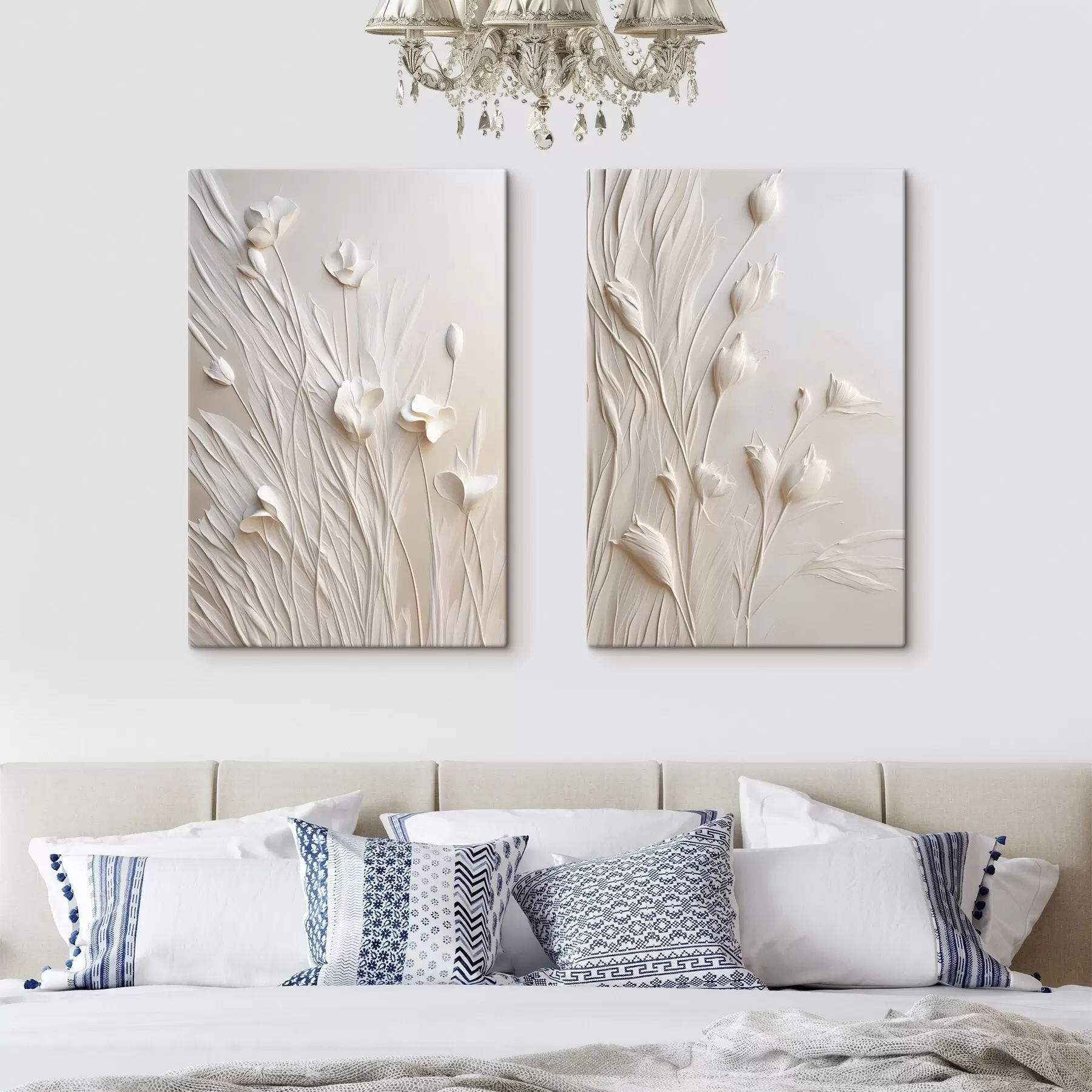 Fototapete Weiße Blumen und Gras vor einem hellen pfirsichfarbenen Hintergrund, minimalistische Kunst m30846