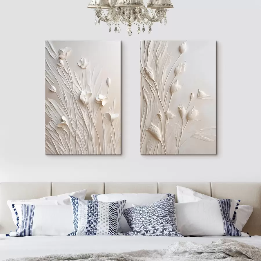 Fototapete Weiße Blumen und Gras vor einem hellen pfirsichfarbenen Hintergrund, minimalistische Kunst m30846
