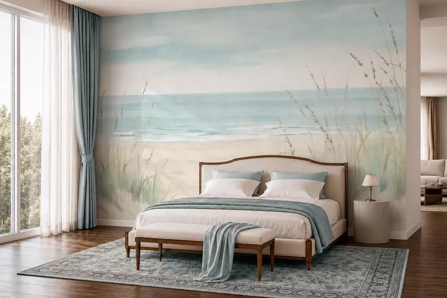 Fototapete Muschelsand mit einem sanften Strand und Gräsern in zarten Pastelltönen w05821