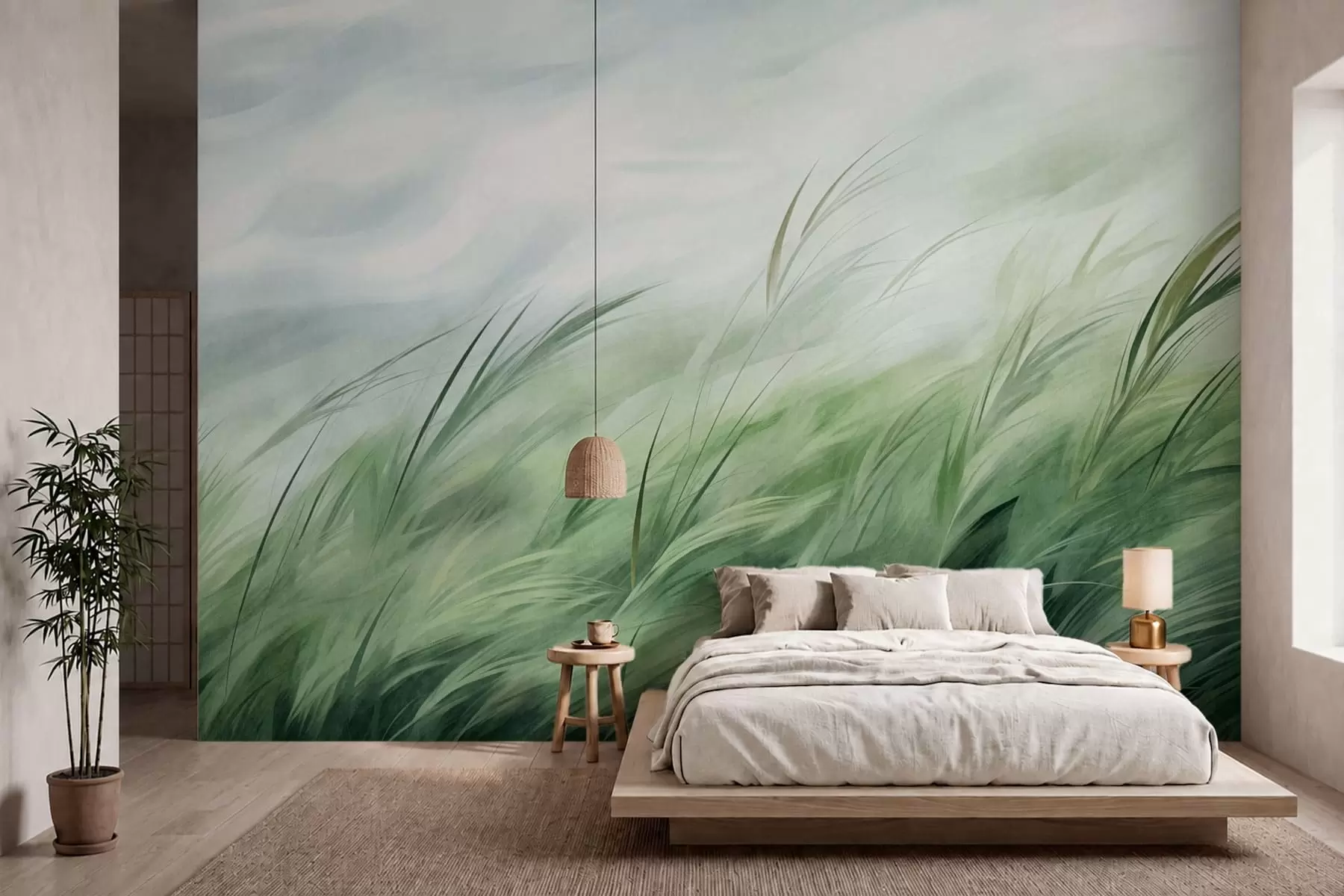 Fototapete Salbeigrün mit zarten Gräsern, die sich sanft im leisen Wind wiegen w05853