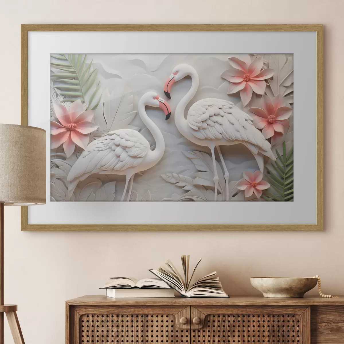 Poster Flamingos inmitten tropischer Blätter f50304