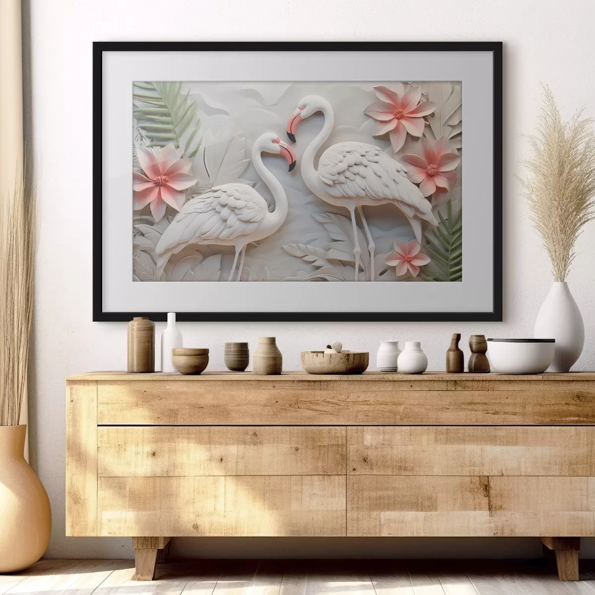 Poster Flamingos inmitten tropischer Blätter f50304