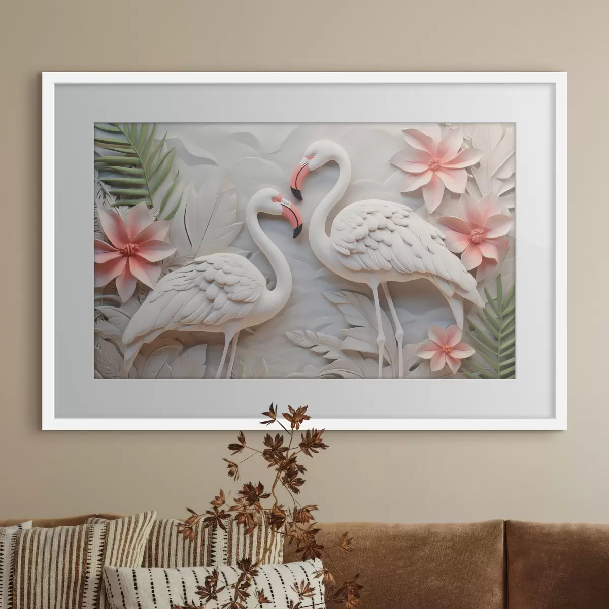 Poster Flamingos inmitten tropischer Blätter f50304