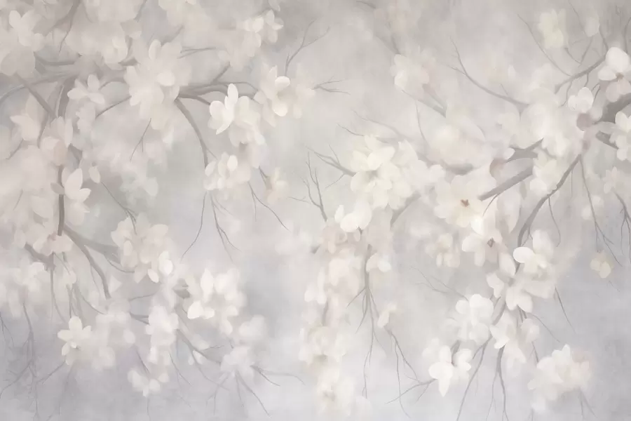 Fototapete Weiße Kirschblüten an dünnen Zweigen, unscharf, hellgrauer Hintergrund, strukturiertes Kunstwerk w10012