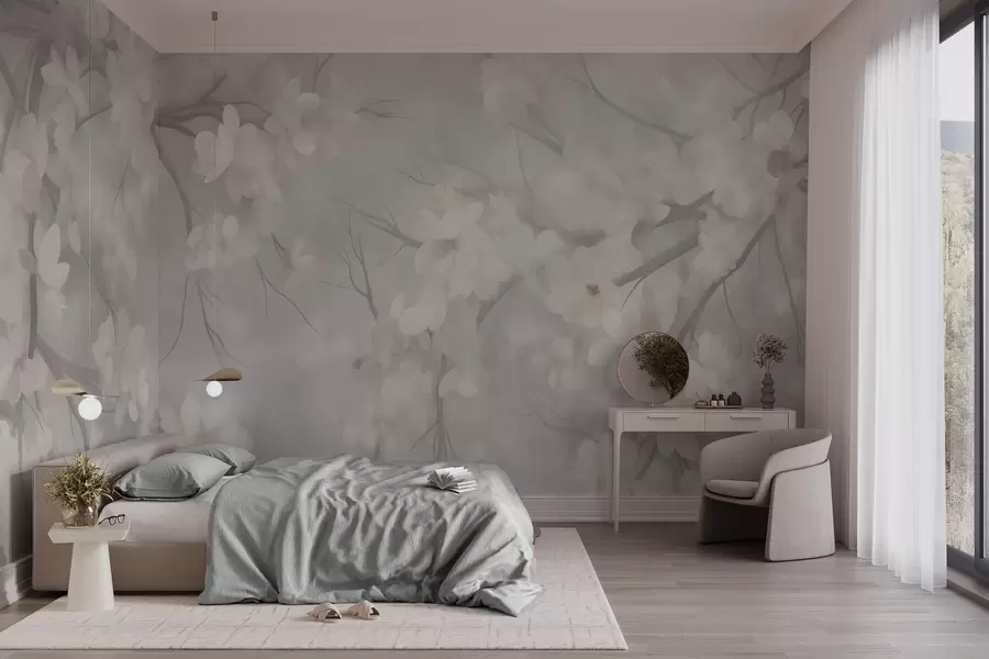 Fototapete Weiße Kirschblüten an dünnen Zweigen, unscharf, hellgrauer Hintergrund, strukturiertes Kunstwerk w10012