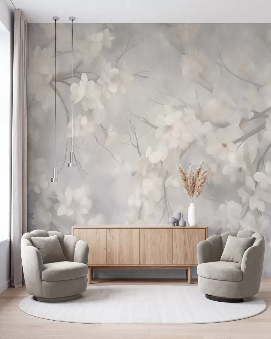 Fototapete Weiße Kirschblüten an dünnen Zweigen, unscharf, hellgrauer Hintergrund, strukturiertes Kunstwerk w10012