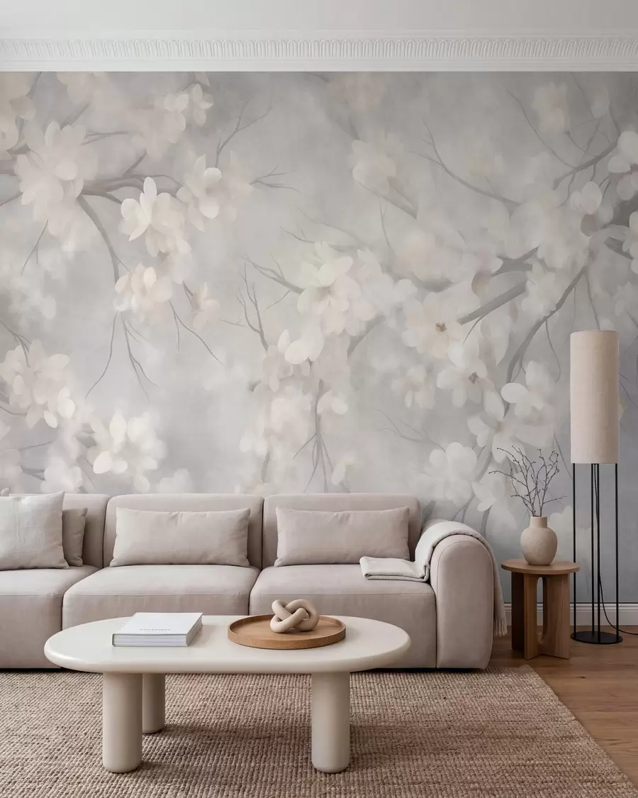 Fototapete Weiße Kirschblüten an dünnen Zweigen, unscharf, hellgrauer Hintergrund, strukturiertes Kunstwerk w10012