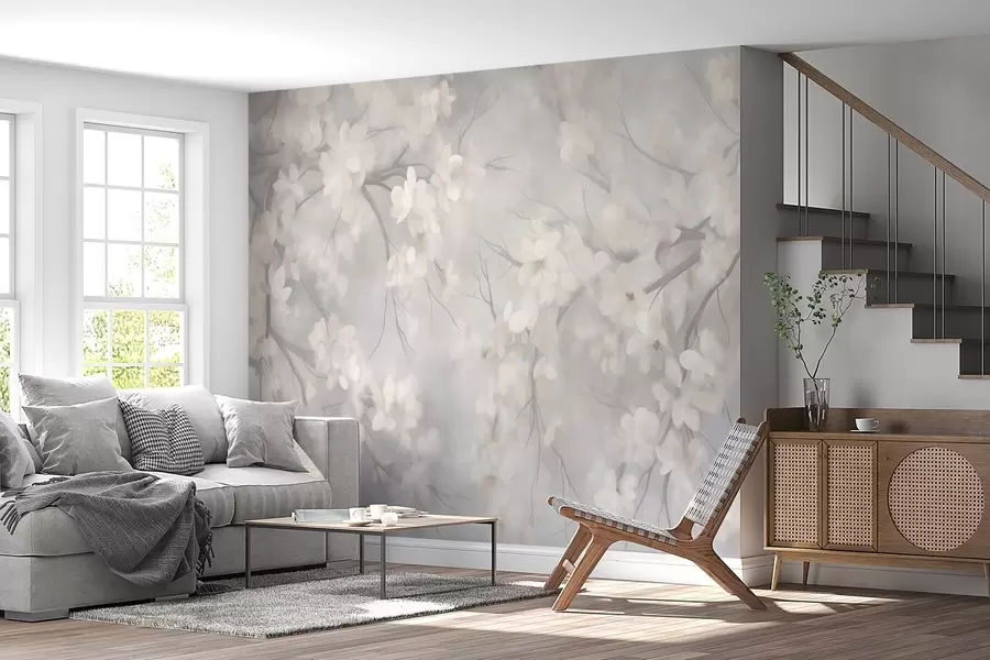 Fototapete Weiße Kirschblüten an dünnen Zweigen, unscharf, hellgrauer Hintergrund, strukturiertes Kunstwerk w10012