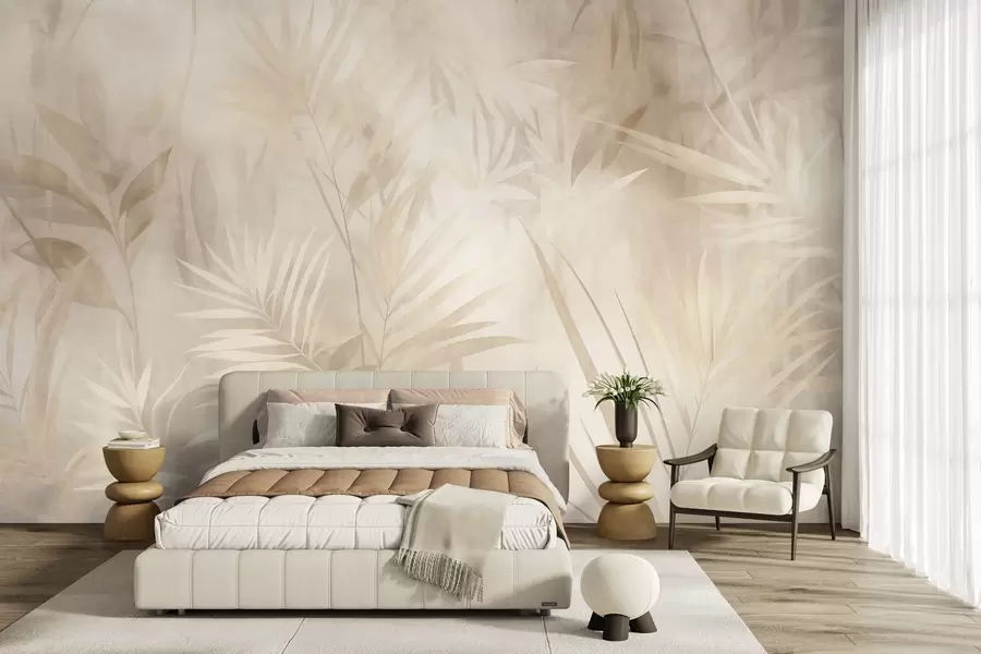 Fototapete Palmblätter in gedeckten Beige- und Cremetönen vor einem sanften Hintergrund, tropischer Dschungel w10023