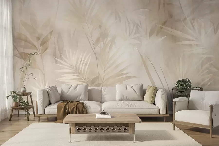 Fototapete Palmblätter in gedeckten Beige- und Cremetönen vor einem sanften Hintergrund, tropischer Dschungel w10023
