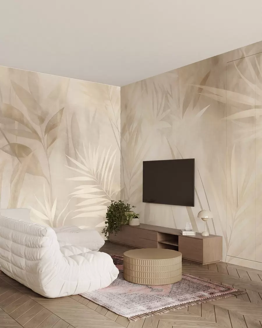 Fototapete Palmblätter in gedeckten Beige- und Cremetönen vor einem sanften Hintergrund, tropischer Dschungel w10023
