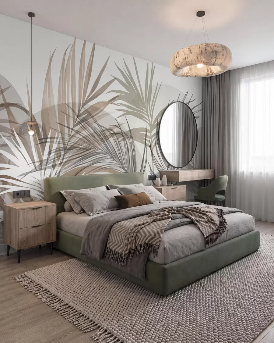 Fototapete Palmblätter in neutralen Beige-, Braun- und Grautönen mit abstrakten Formen w10025