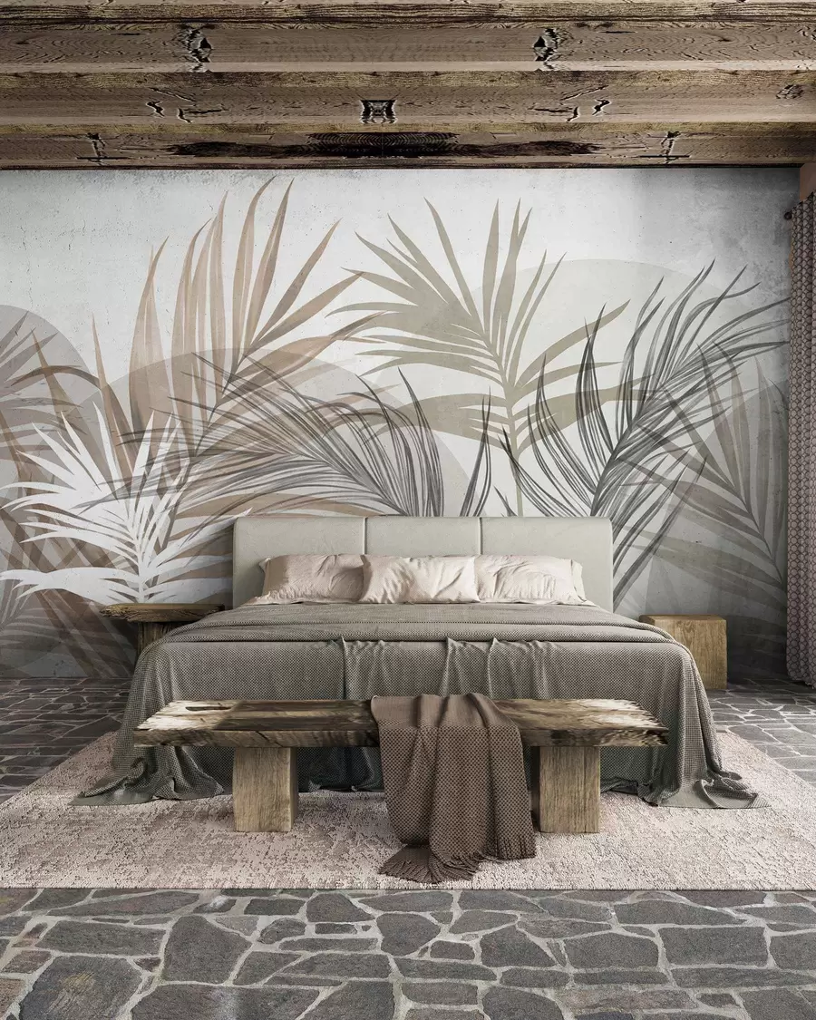 Fototapete Palmblätter in neutralen Beige-, Braun- und Grautönen mit abstrakten Formen w10025