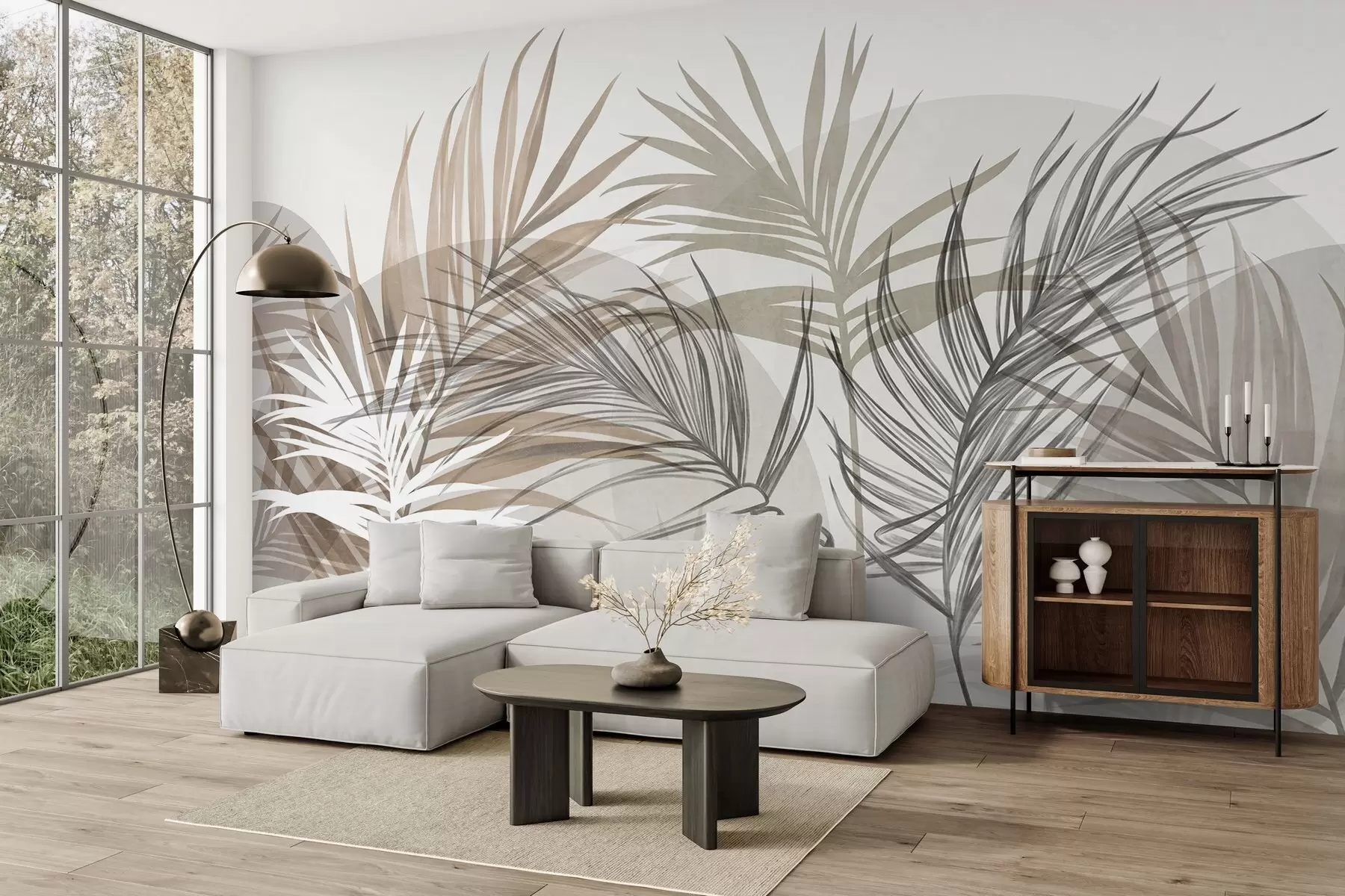 Fototapete Palmblätter in neutralen Beige-, Braun- und Grautönen mit abstrakten Formen w10025